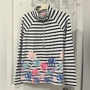 Lilly Pulitzer Small Popover Sweater 1/2 Zip Palm Tree Blue Stripes Pocket, M